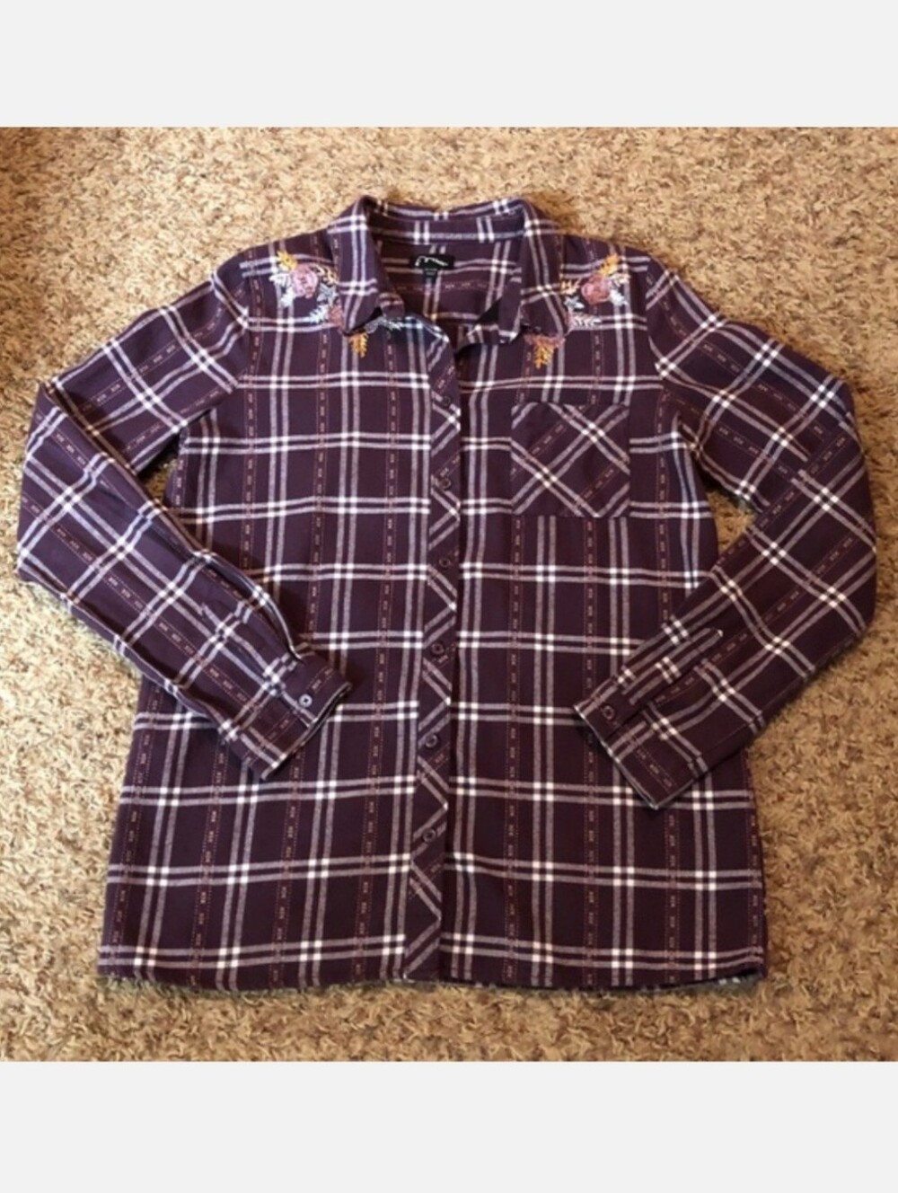 Art Class Embroidered Floral Flannel Marron Plaid Button Shirt Girls Large 10-12